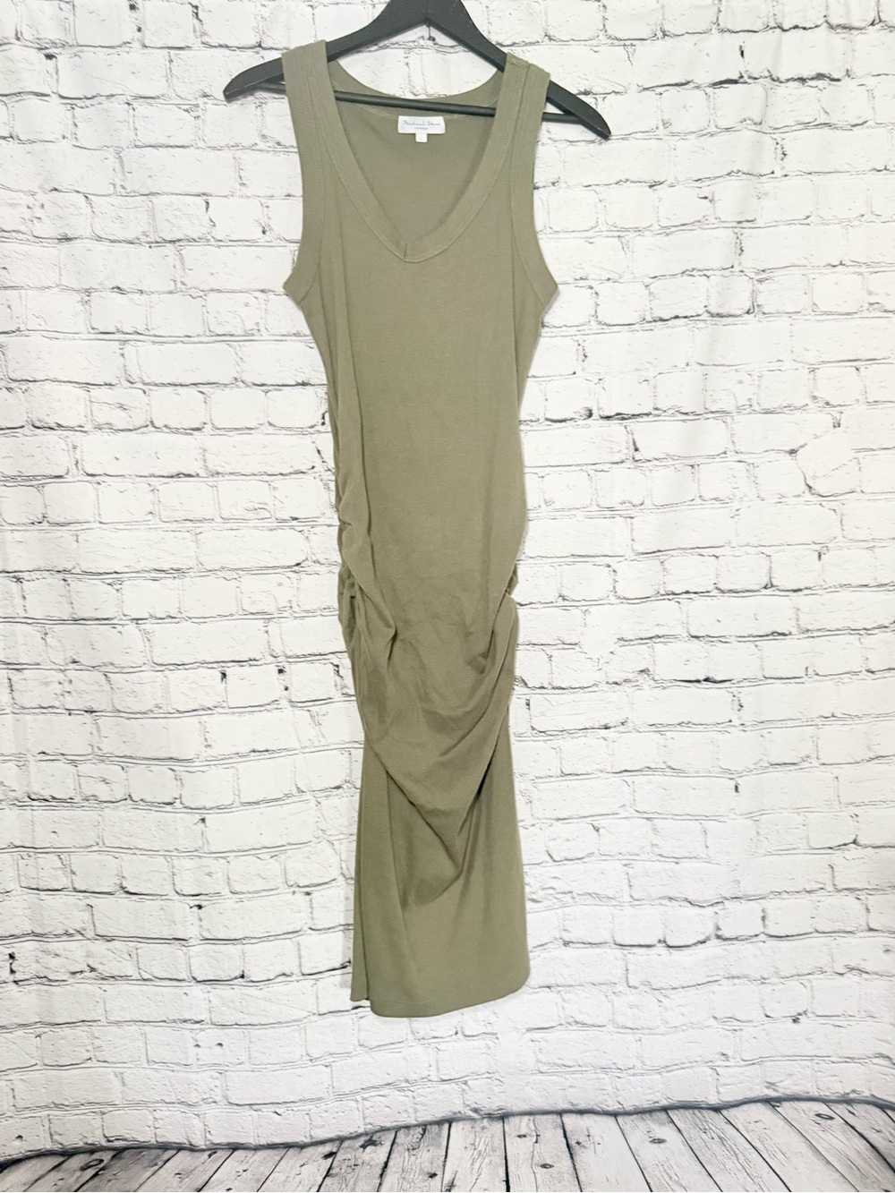 Sleeveless V-Neck Ruched Tank Dress in Olive. Size L